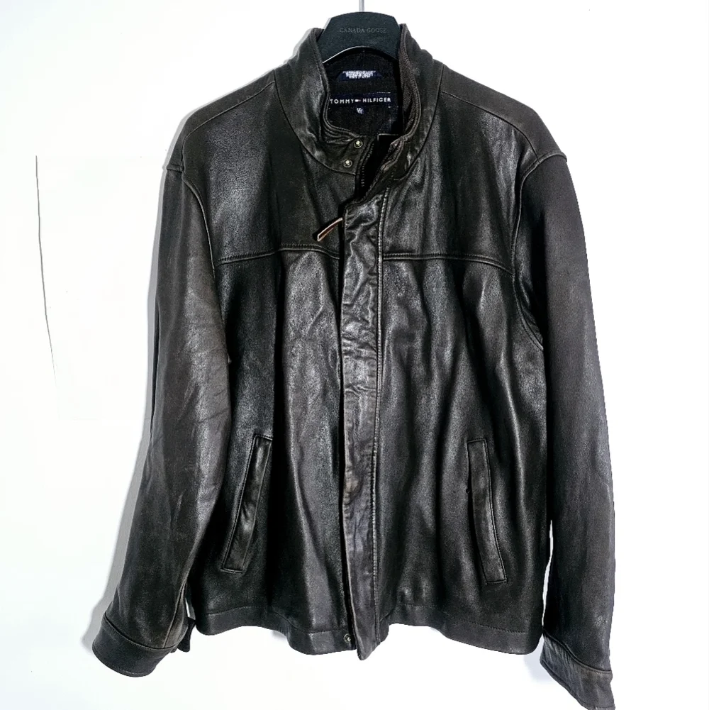 Tommy Hilfiger Vintage 100% Genuine Brown Leather Men's Moto Jacket Size XXL
